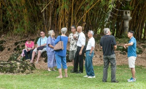 Dwayne Mukai, president of Kumamoto Kenjin Kai, and Rev. Jeffrey Soga, Rimban for Hawaii Island's Hongwanji join in the conversation. (photo by Bill F. Eger)